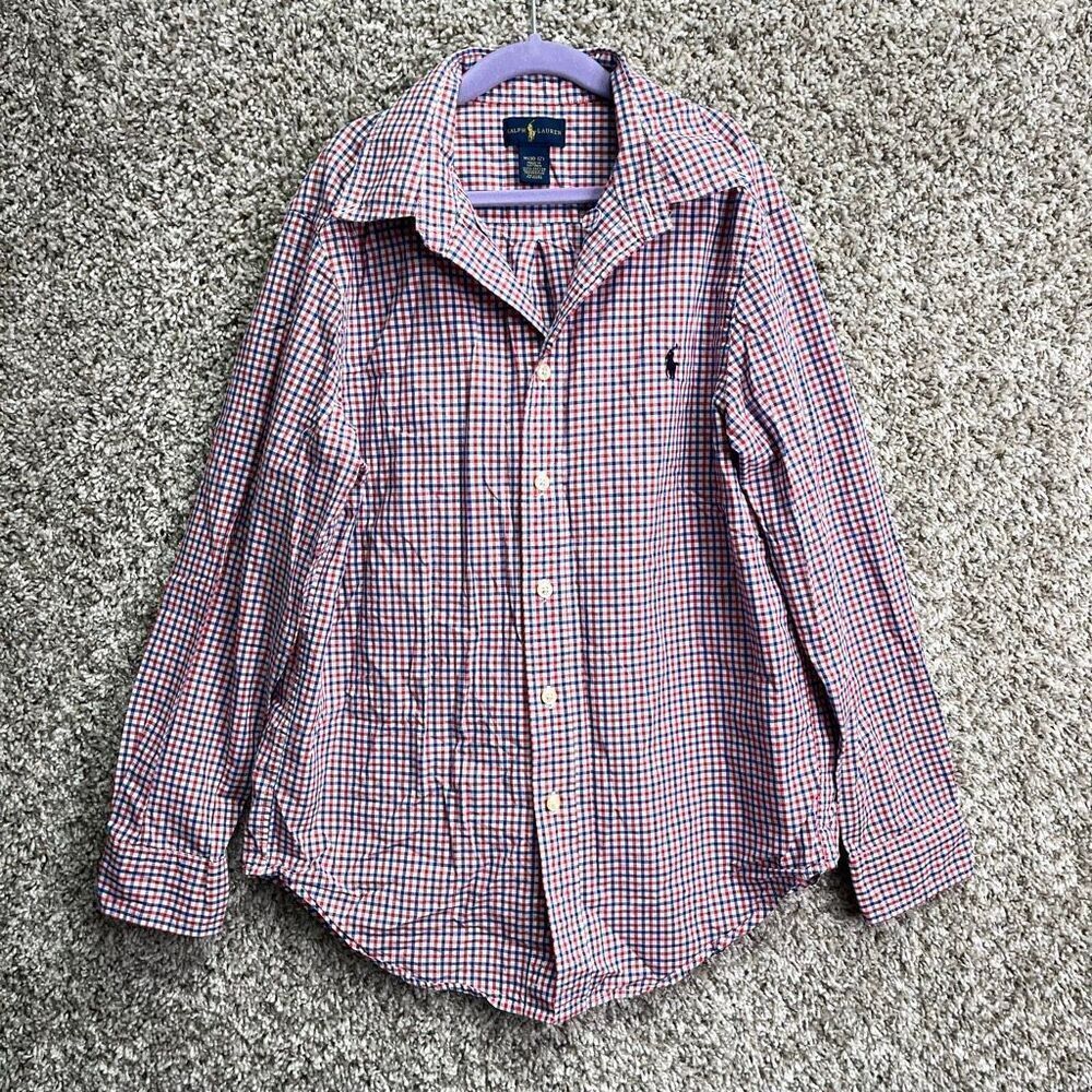 Ralph Lauren Shirt Boys M 10-12 Cotton Red, Blue & White Plaid Long Sleeve Butto